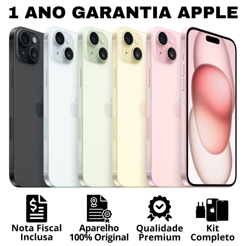 iPhone 15 e 15 Plus em várias cores com garantia de um ano da Apple