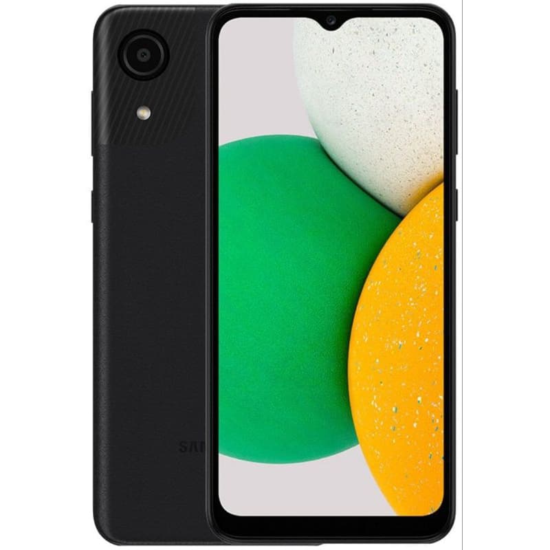Imagem frontal do smartphone SAMSUNG GALAXY A03 CORE 32GB, preto, com três círculos coloridos na tela