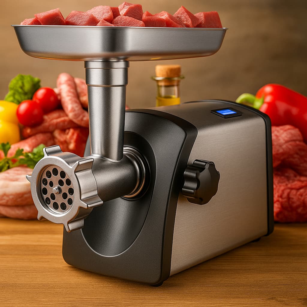Moedor de carne elétrico 1000W profissional, processando carne vermelha sobre uma superfície de madeira, com legumes e carnes cruas ao fundo.