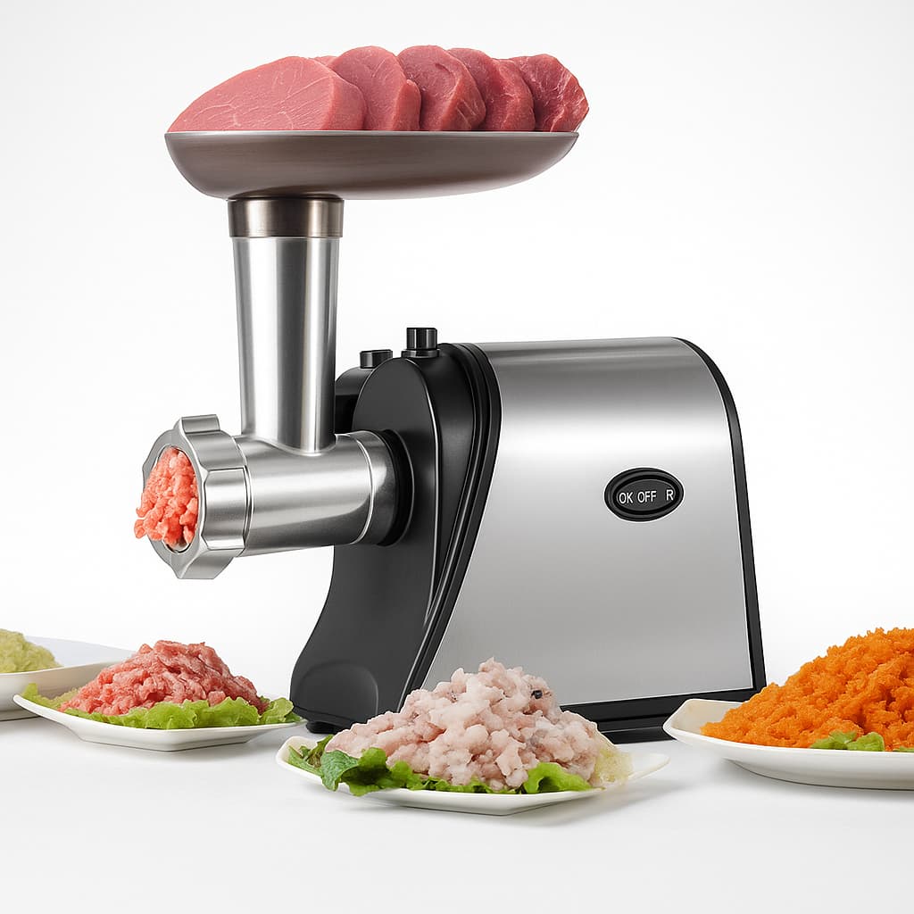 Moedor de carne elétrico profissional 1000W em aço inoxidável com carne vermelha sendo processada