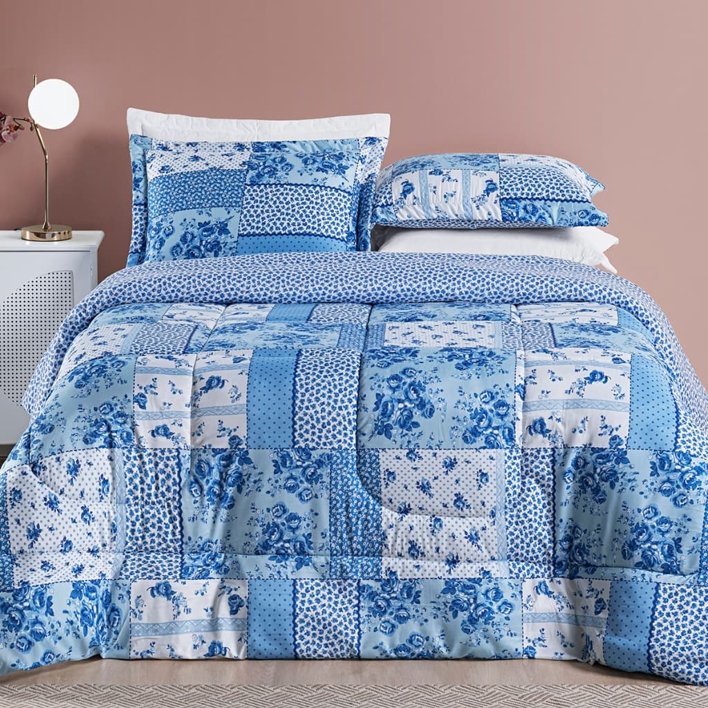 Kit Edredom Casal Dupla Face Queen King Super King com motivos florais em azul e branco