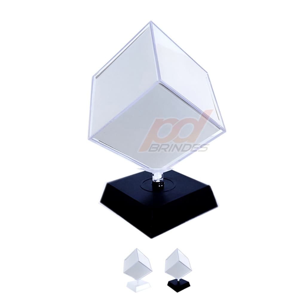 Cubo giratório transparente para fotos, com base preta, fundo branco, mostrando dois cubos menores na parte inferior.