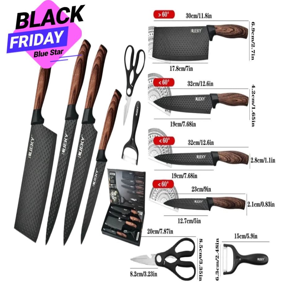 Kit de facas inox 6 peças com cabo de madeira e lâmina de aço, Black Friday