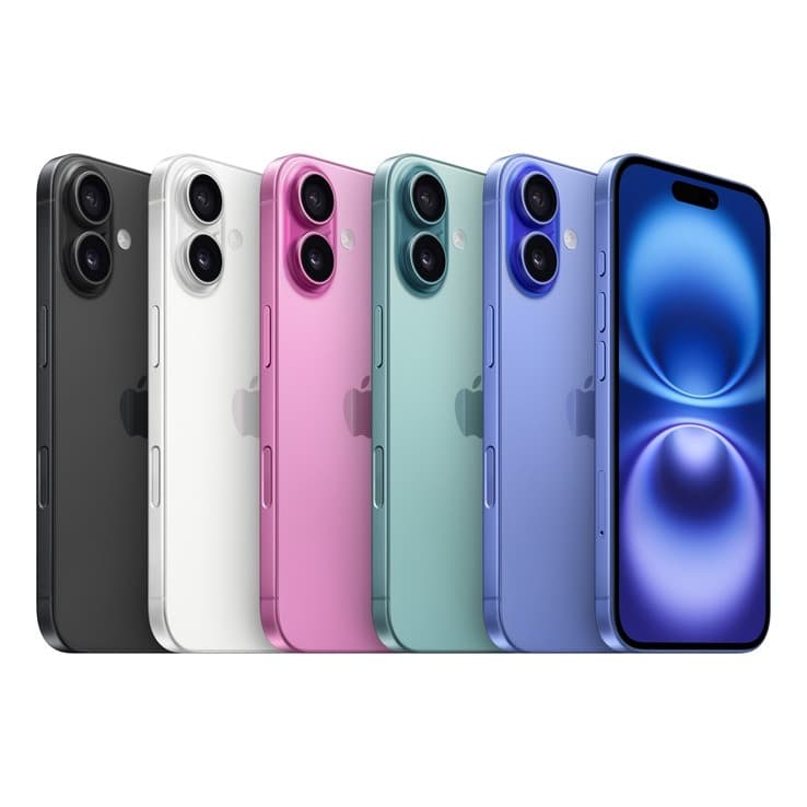 iPhone 16 em cores preto, branco, rosa, verde, azul e azul profundo contra fundo branco