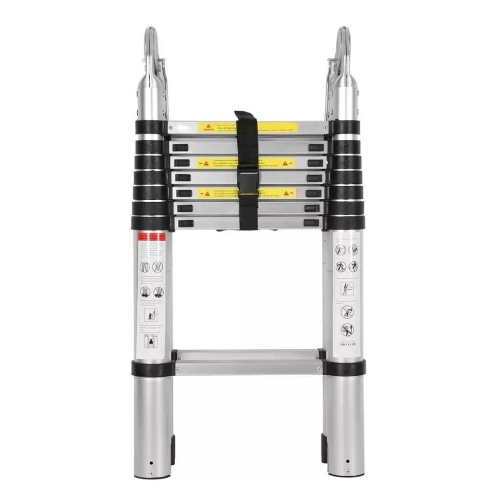 Escada telescópica de alumínio com 16 degraus ou 13 degraus, fundo branco, design telescópico, detalhes em prata, preto e amarelo.