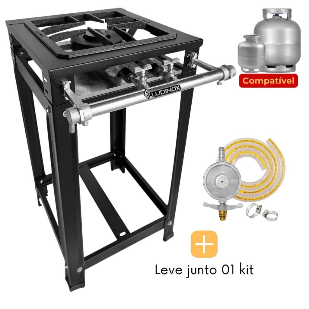 Fogão industrial de baixa pressão com grelha 30x30, ferro fundido, kit completo com pés, registro e mangueira