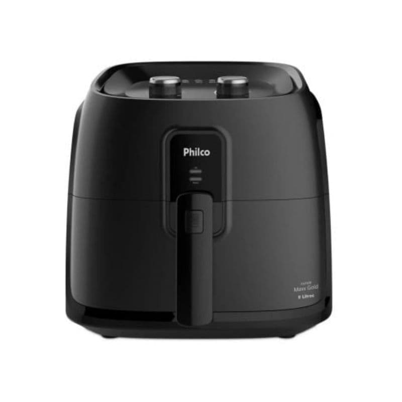 Fritadeira Air Fryer Philco 9 Litros, preto, cesto quadrado dourado, controle de temperatura, fundo branco