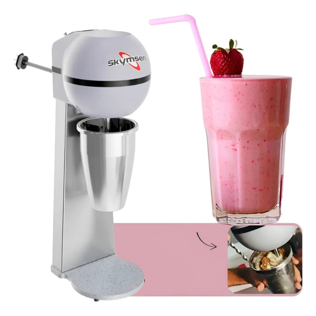 Batedor de milk shake profissional Skymsen BMS-N inox com copo metálico e milk shake rosa com morango.
