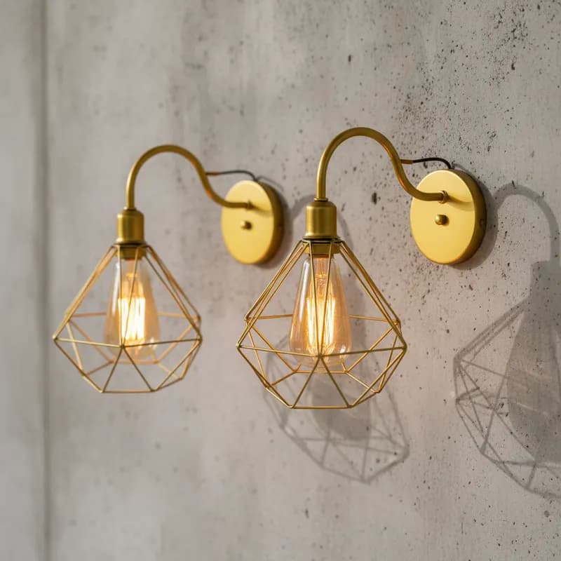 Duas arandelas de parede geométricas em arame dourado com bulbos incandescentes iluminados