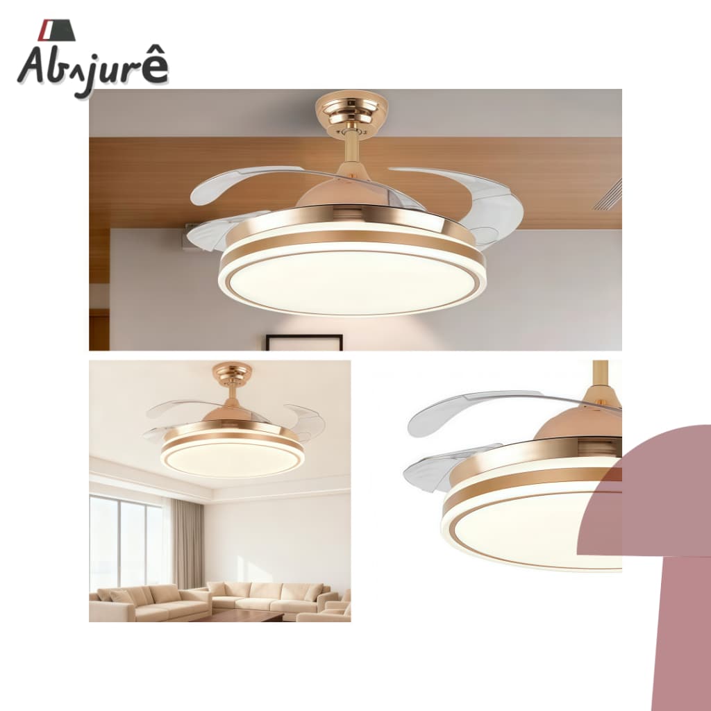 Ventilador de teto com 4 pás retráteis, LED multicolorido, controle remoto, dourado