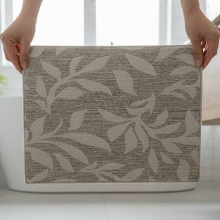 Tapete antiderrapante cinza e branco com estampa de folhas
