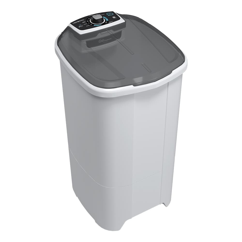 Máquina de lavar roupas semi-automática branca com tampa cinza, controles pretos, em um fundo branco.