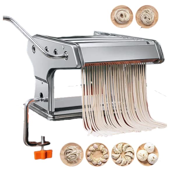Máquina De Macarrão VICCOLI com cilindro de aço inox e 9 ajustes, produzindo massa.