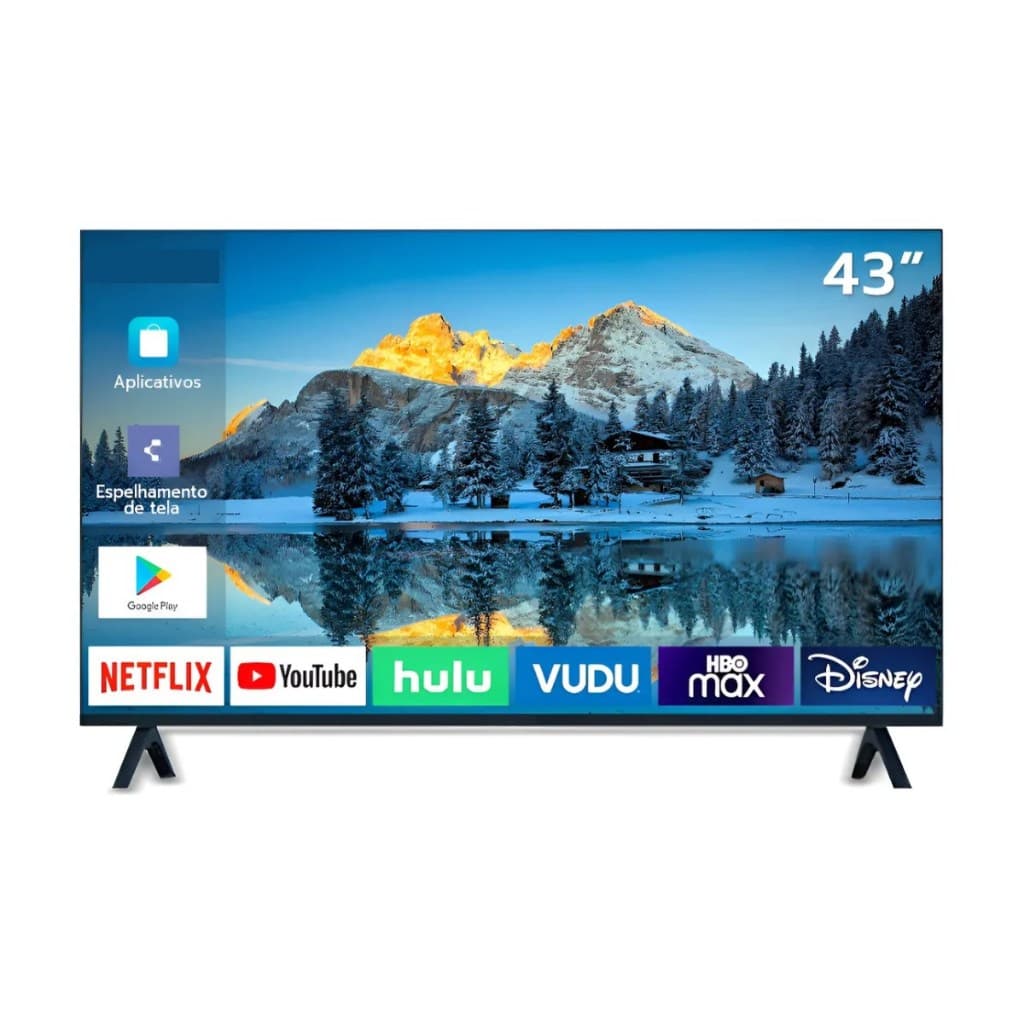 Smart TV 43 polegadas Full HD LED Android com HDMI, USB, Wi-Fi, Netflix, YouTube, HBO Max, Disney+ e outros aplicativos.