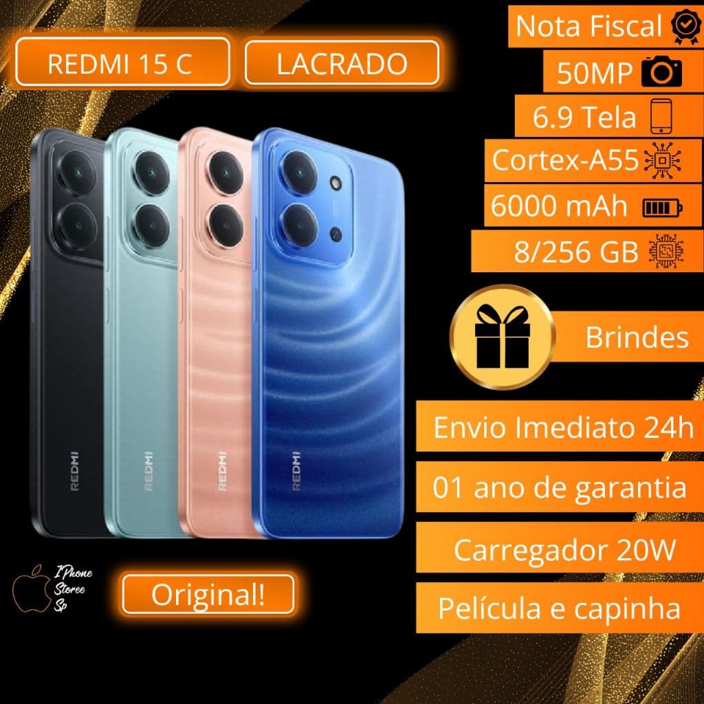 Xiaomi Redmi 15C 4/128GB e 8/256GB Dual SIM Envio Rápido em cores preto, ciano, rosa e azul