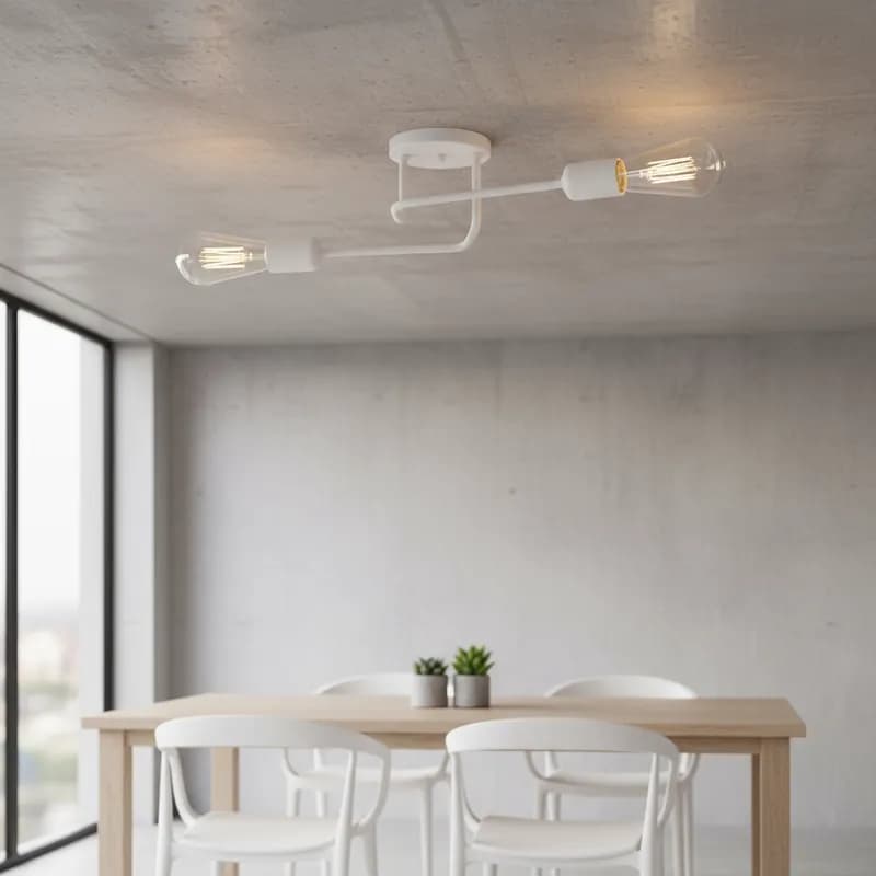 Lustre de teto Sputnik 2 braços branco iluminando área de jantar