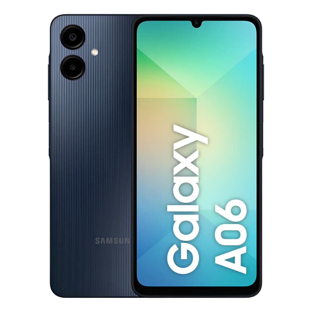 Smartphone Samsung Galaxy A06, 128GB, 4GB RAM, câmera 50MP, tela 6,7 HD+, bateria 5000mAh, Dual SIM, vista frontal e traseira.