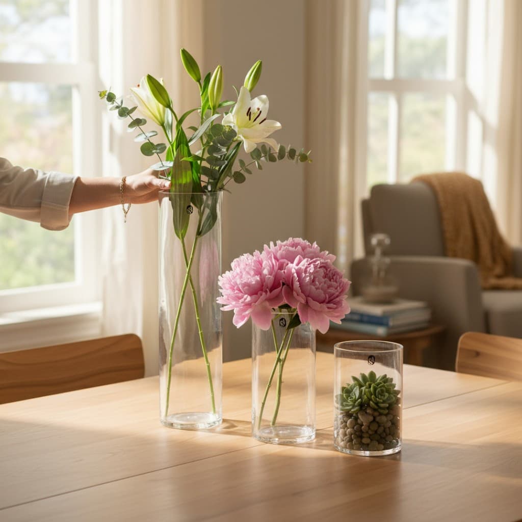 Vásios de acrílico transparentes em tamanhos variados com flores e plantas em uma mesa de madeira