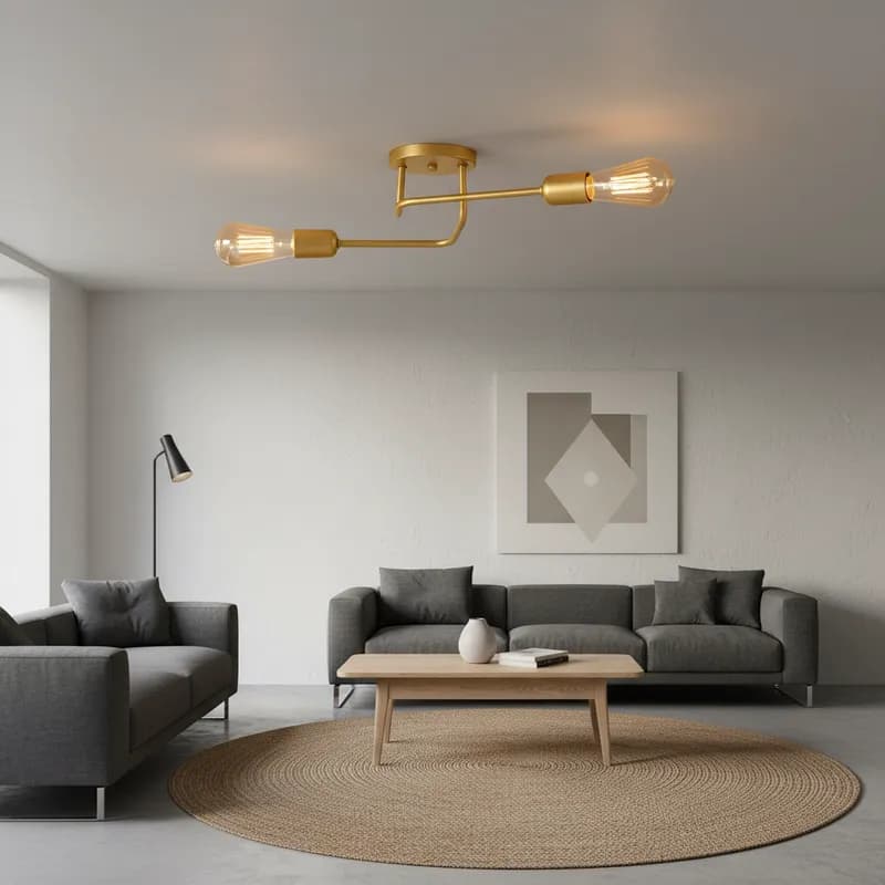 Lustre de teto estilo Sputnik de dois braços dourado com lâmpadas Edison em sala de estar cinza
