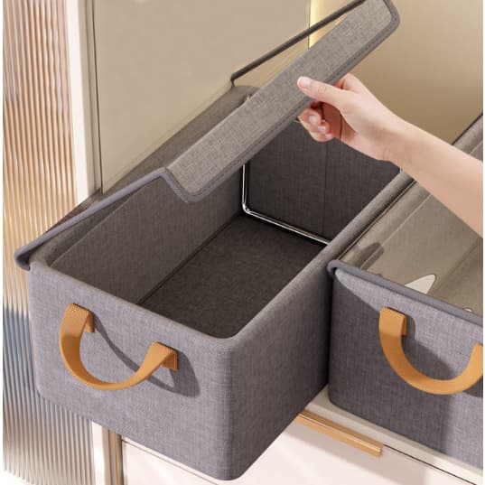 Caixa de armazenamento dobrável cinza à prova d'água com tampa transparente, 20X47X28CM, com alças marrons
