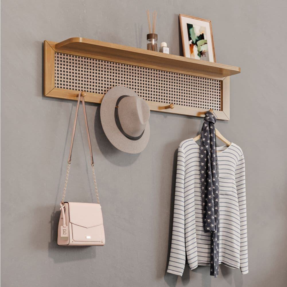 Cabideiro Porta Bolsas de Parede Com 4 Pinos Prateleira e Detalhe Rattan