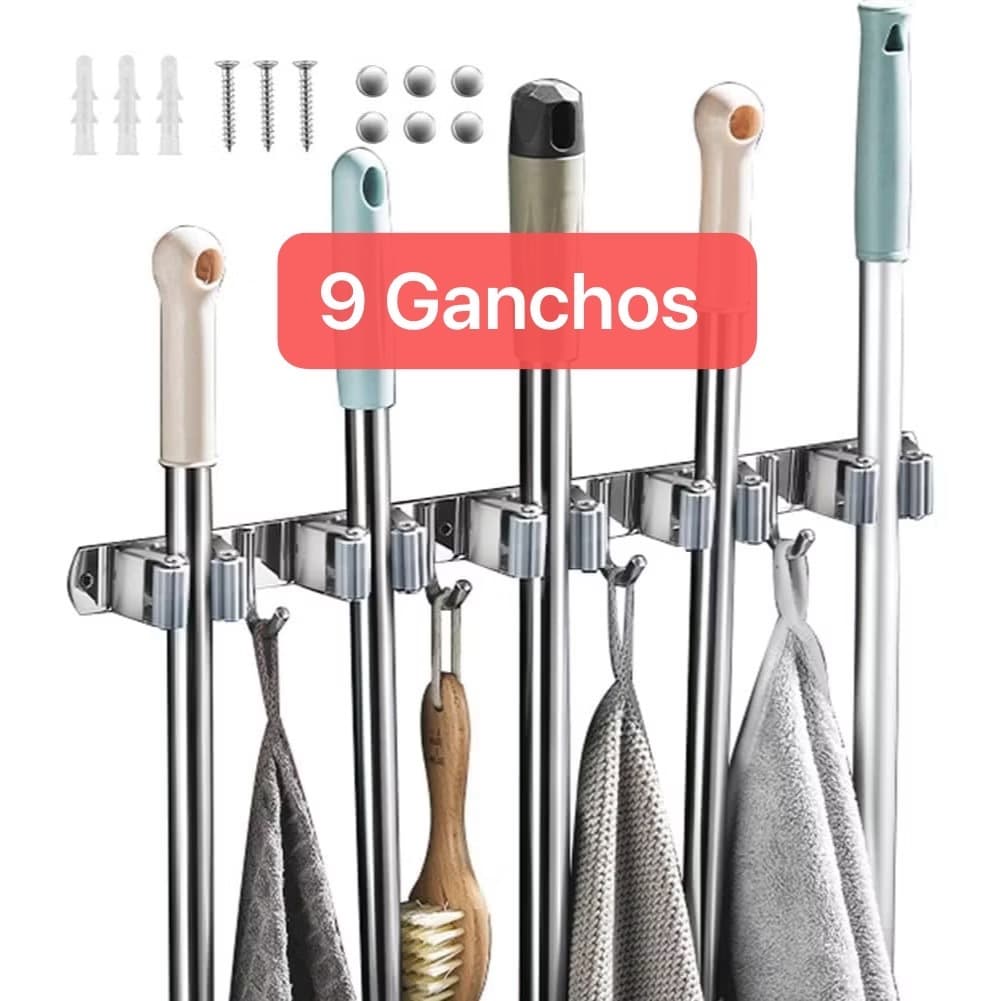 Suporte de parede para vassouras e mops com nove ganchos em metal inoxidável