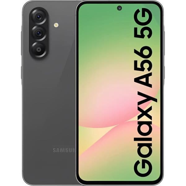 Smartphone Samsung Galaxy A56 5G cor grafite com câmera traseira e texto na tela