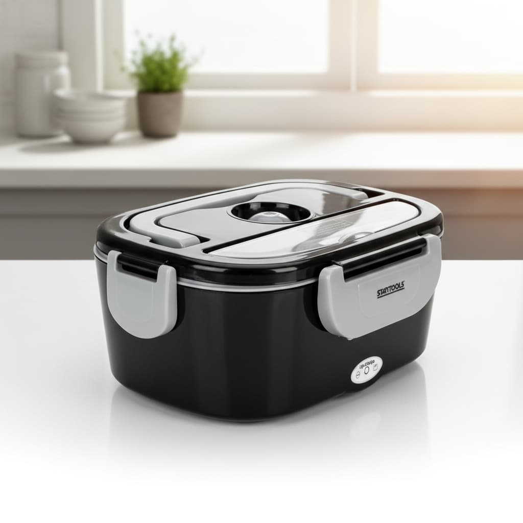 Marmiteira Elétrica Térmica Bivolt 1,5L – Preta, Portátil, Com Tampa Vedada, Compartimentos e Colher Inclusa