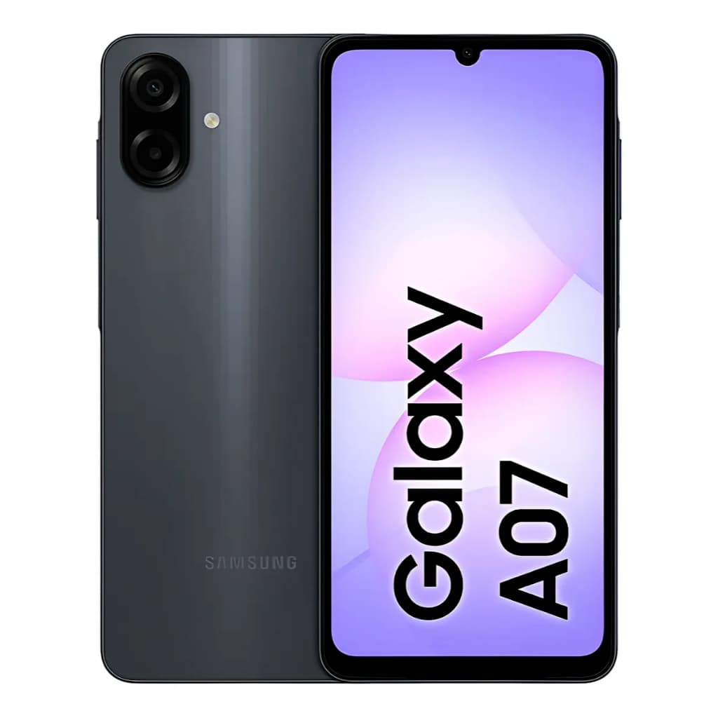 Smartphone Samsung Galaxy A07 cinza metálico com câmera quádrupla na parte traseira e tela com efeito gradiente