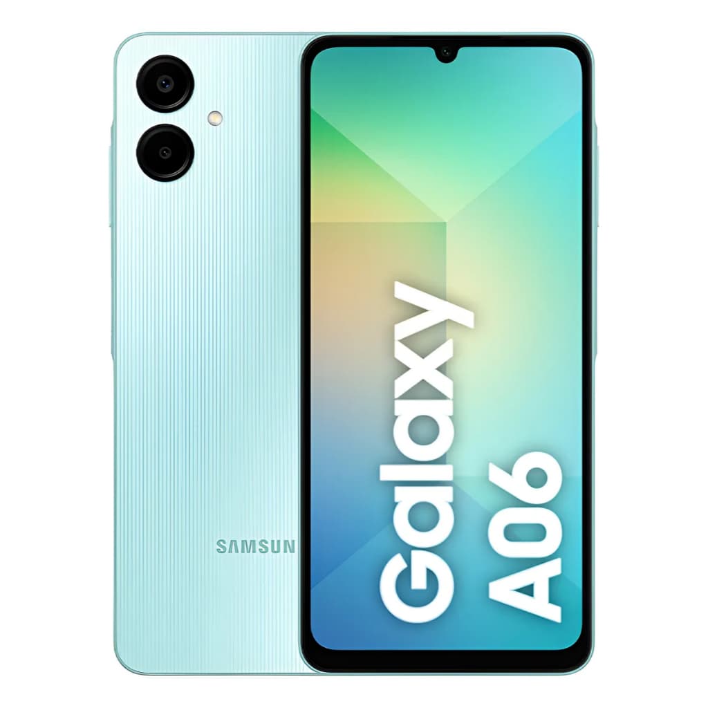 Smartphone Samsung Galaxy A06 azul claro com câmera dupla e flash LED