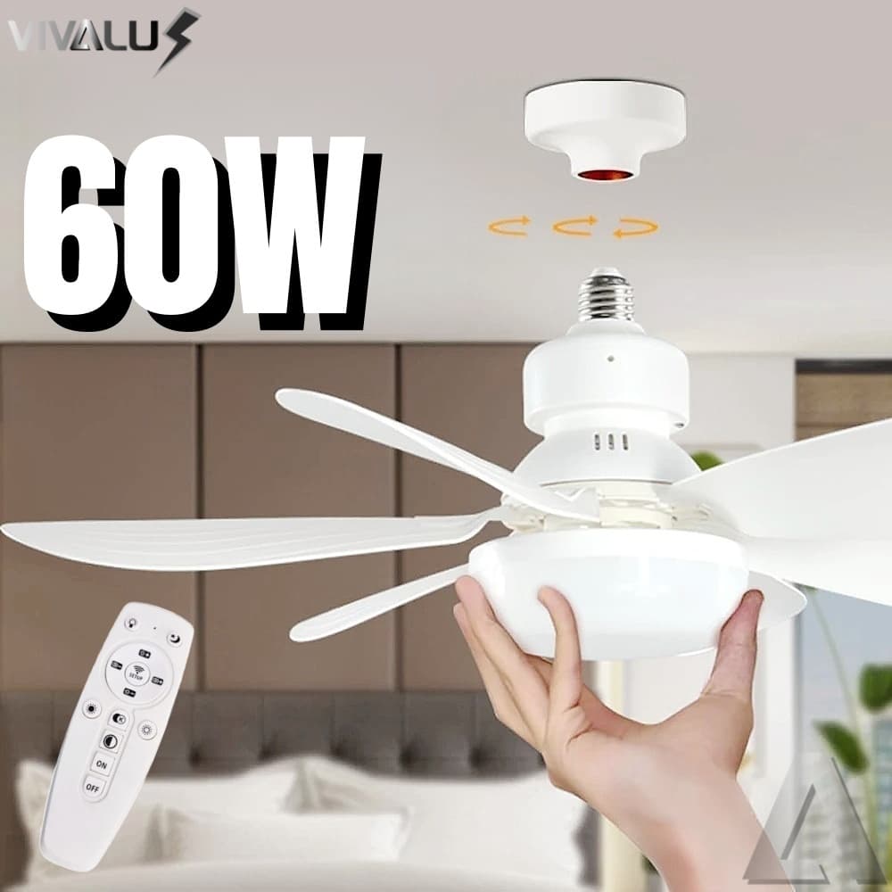 Ventilador Luminária Led 6 Pás Lâmpada Soquete Bocal E27 42CM Teto 3 Cor Luz Branco Amarelo Contróle 60W