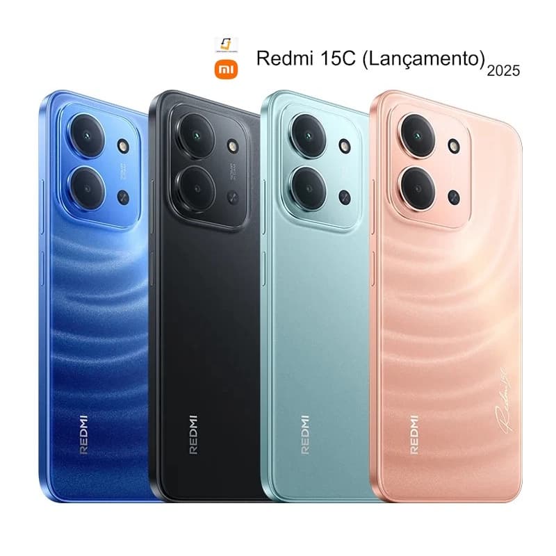 Xiaomi Redmi 15C em quatro cores: azul, preto, ciano e rosa