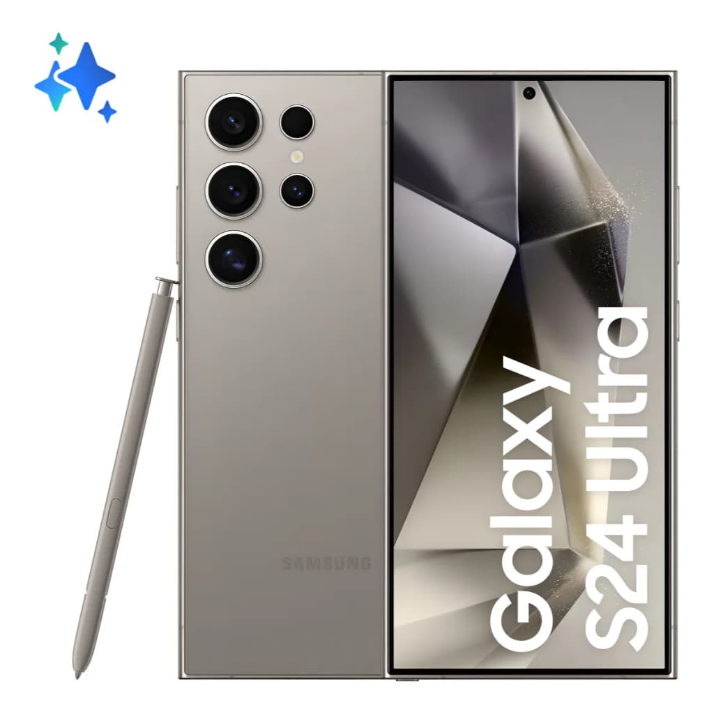 Smartphone Samsung Galaxy S24 Ultra, 256GB, 12GB RAM, cinza titânio, câmera traseira quadrada, logotipo da Samsung