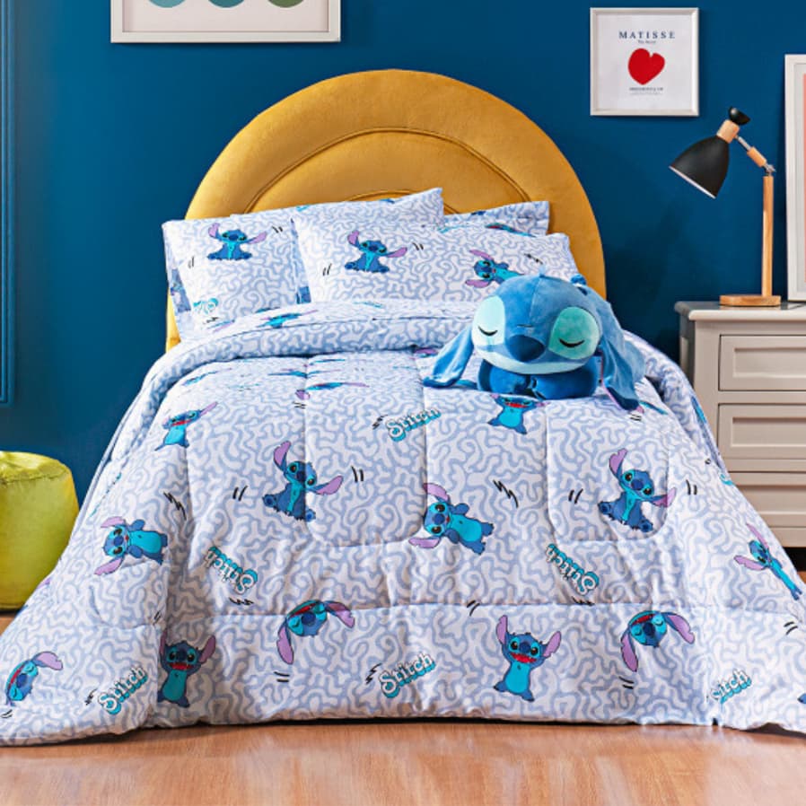 Edredom solteiro Stitch Disney branco com estampa azul e violeta