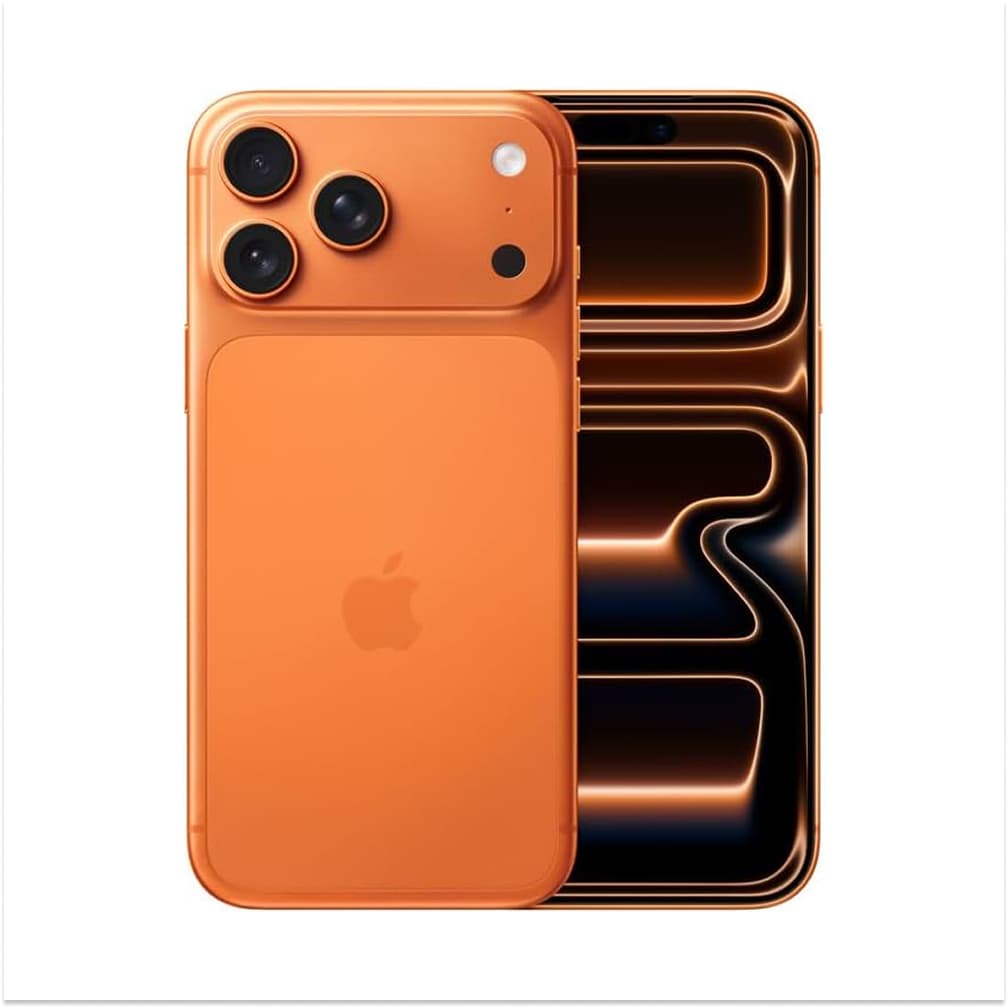Imagem do verso do iPhone 17 Pro Max laranja com câmera traseira e flash LED