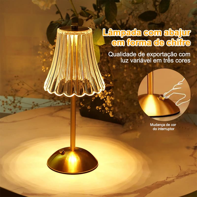 Luminária de mesa vintage com base dourada e cúpula transparente, luz amarela, interruptor de toque