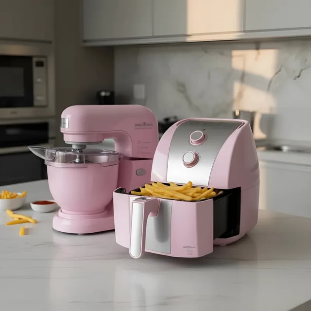 Fritadeira Air Fryer rosa e cinza e batedeira planetária rosa em uma cozinha moderna