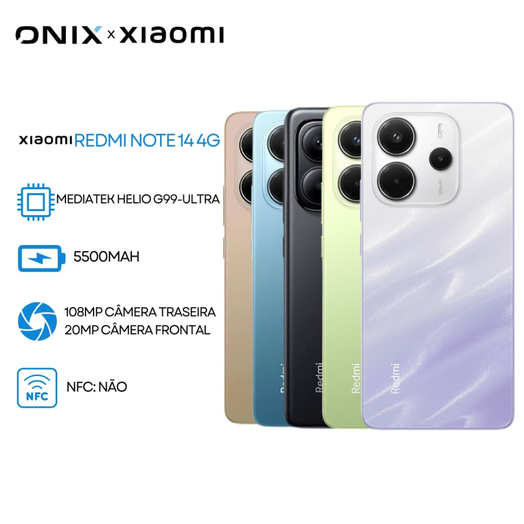 Xiaomi Redmi Note 14 4G, smartphone com processador MediaTek Helio G99-Ultra, câmera traseira 108MP, bateria 5500mAh, NFC não disponível