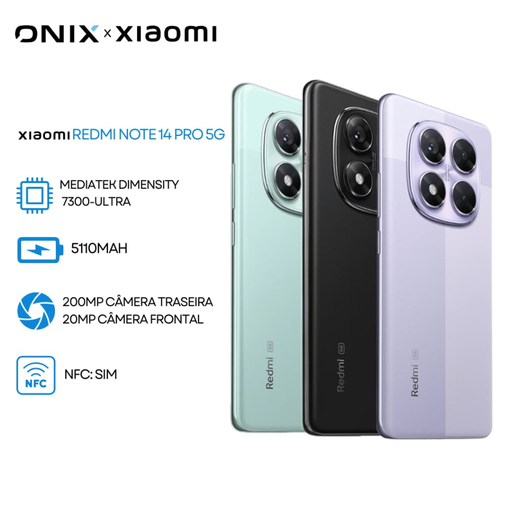 Xiaomi Redmi Note 14 Pro 5G com câmera traseira quadrupla em três cores: ciano, preto e cinza claro
