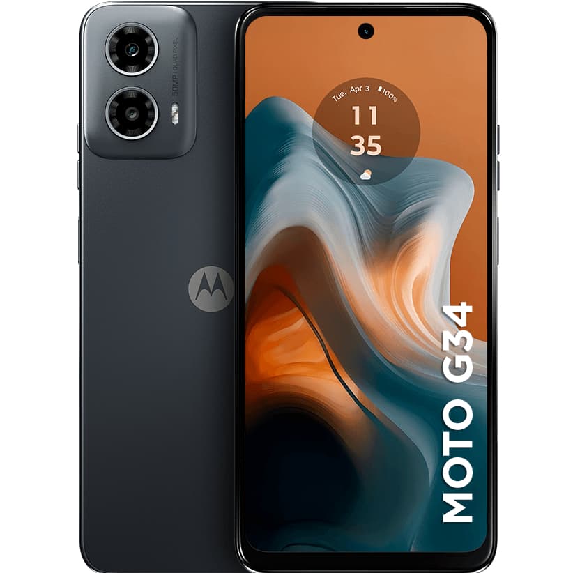 Smartphone Motorola Moto G34 5G preto com tela e traseira visíveis