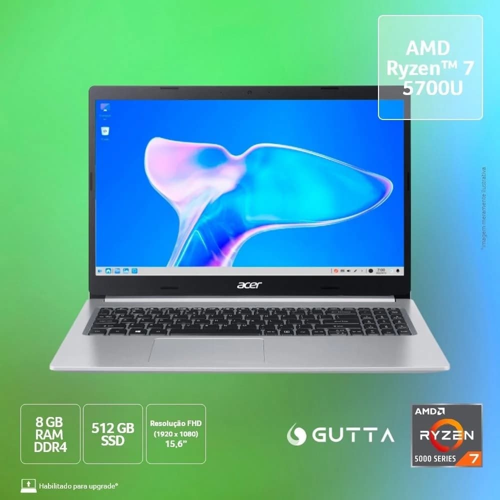 Notebook Acer Aspire 5 AMD Ryzen 7 5700U 15.6" AMD Radeon Graphics 512GB SSD 8GB RAM Linux Gutta 64-bits