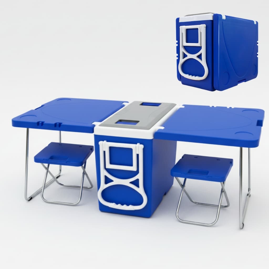 Cooler Caixa Térmica Multifuncional 32L com Mesinha e Banqueta Azul e Branco