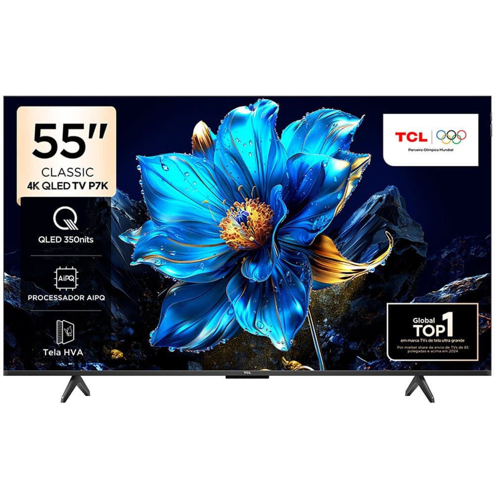 Smart TV 55 polegadas TCL 4K QLED com flor azul e detalhes dourados
