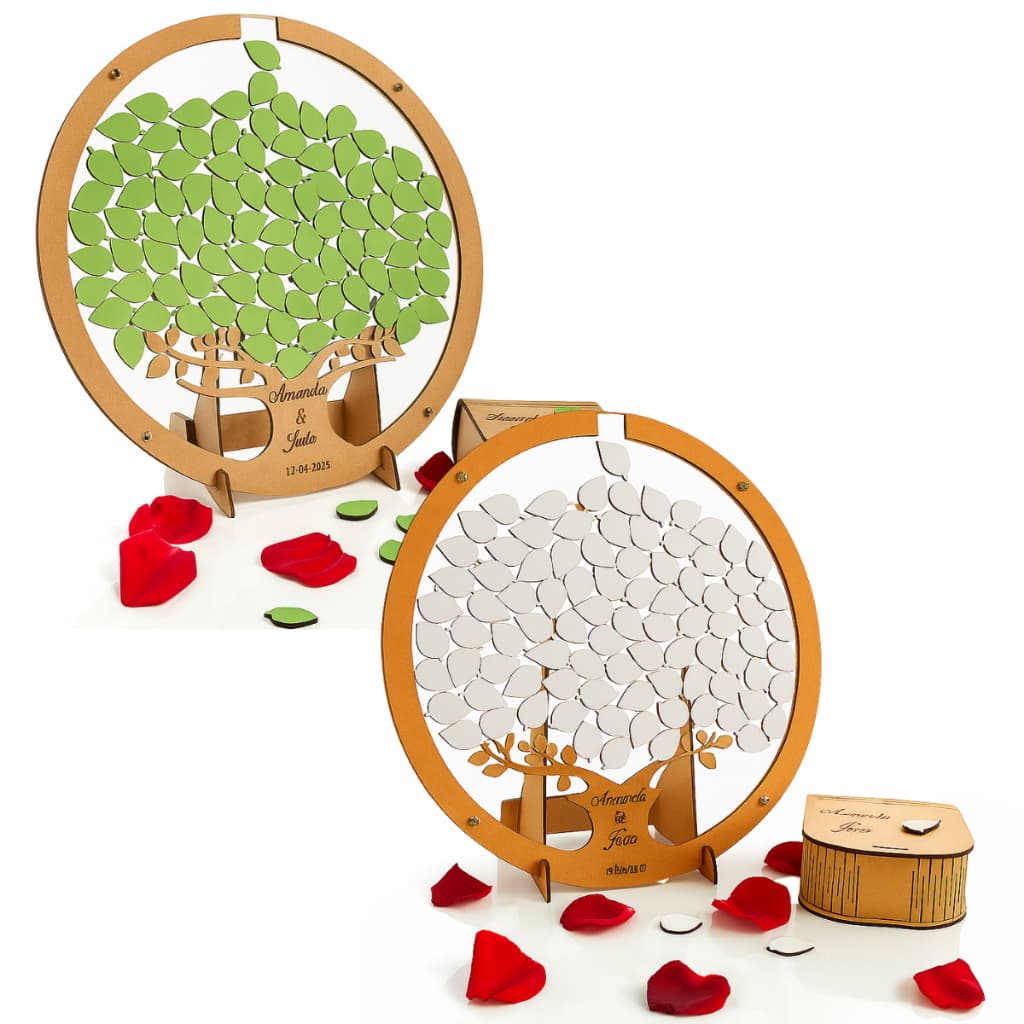 Quadro de assinatura circular verde e branco com folhas de árvore para casamento, aniversário, batizado ou festas