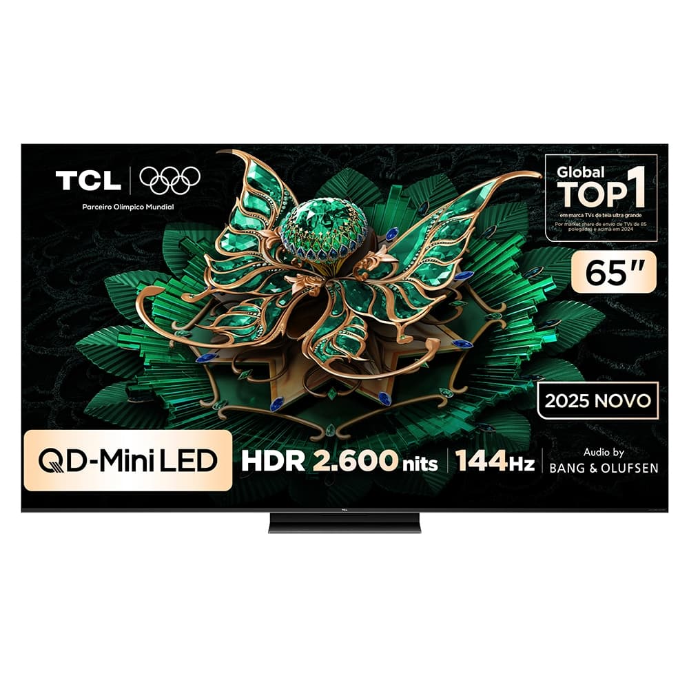 Smart TV TCL 65 Polegadas QLED Mini LED 4K C7K com destaque para QD-Mini LED, HDR 2600 nits, 144Hz e áudio Bang & Olufsen