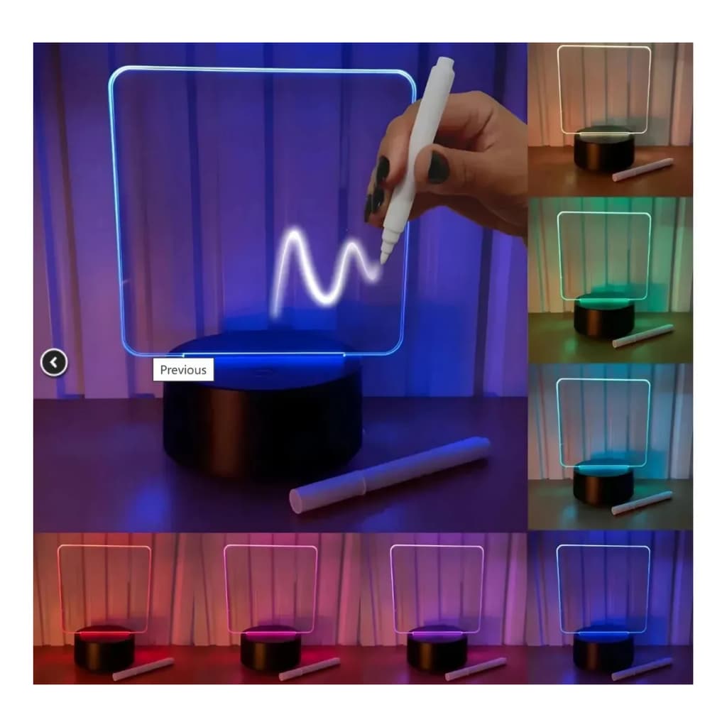 Luminária de mesa 3D com tela para escrever, iluminação LED colorida, caneta especial, base redonda, cortina roxa.