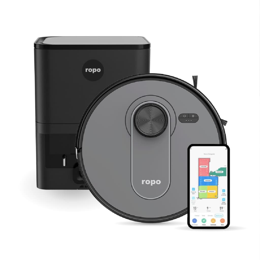 Robô aspirador Ropo Vision Pro com estação de carregamento e smartphone mostrando aplicativo de controle.