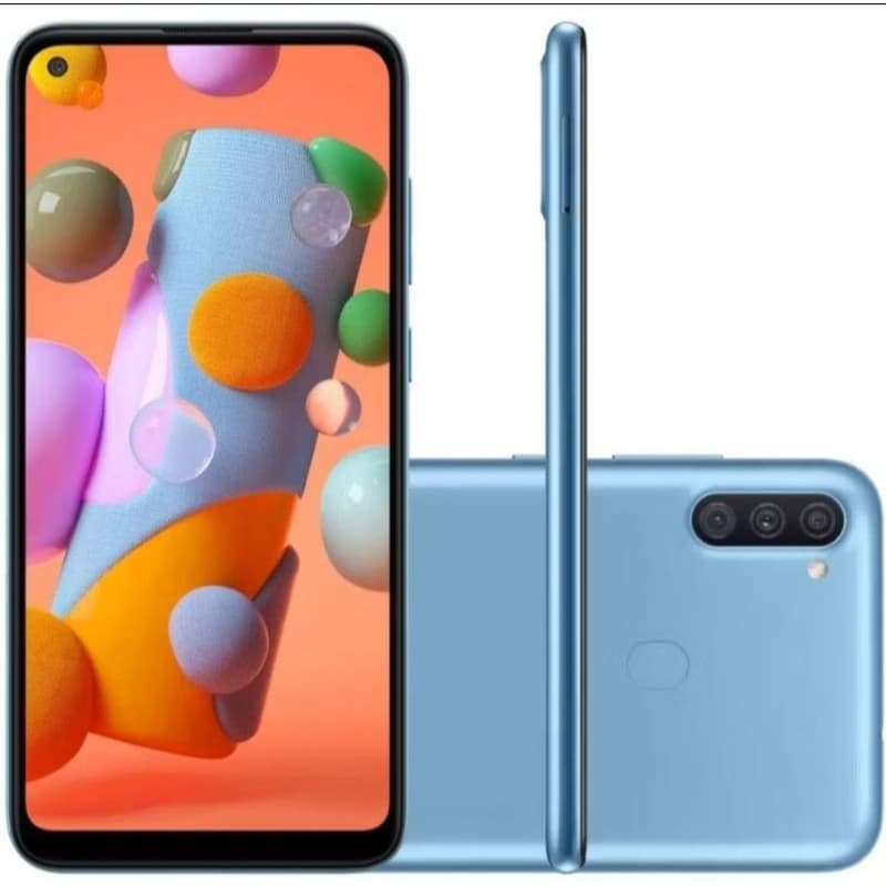 Smartphone Samsung Galaxy A11 64GB azul com tela de 6.4 polegadas e câmera tripla