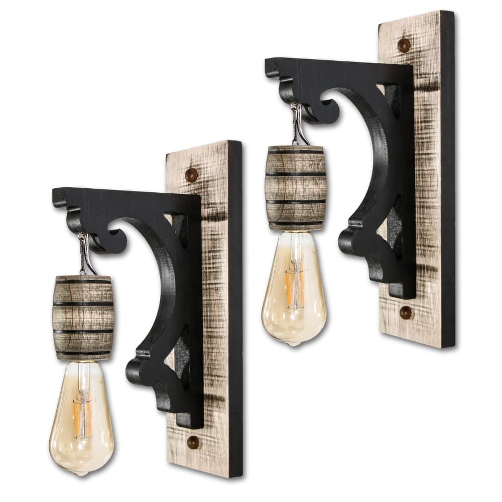 Kit de 2 luminárias de parede retrô vintage com acabamento rústico em madeira e metal preto, iluminação decorativa.