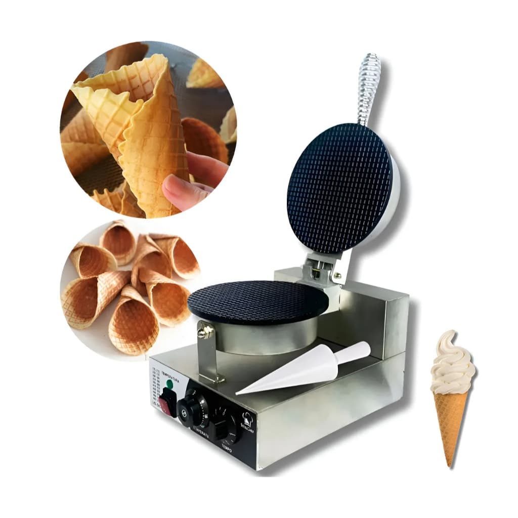 Máquina Waffle Elétrica Casquinha Sorvete Profissional Inox Prateado